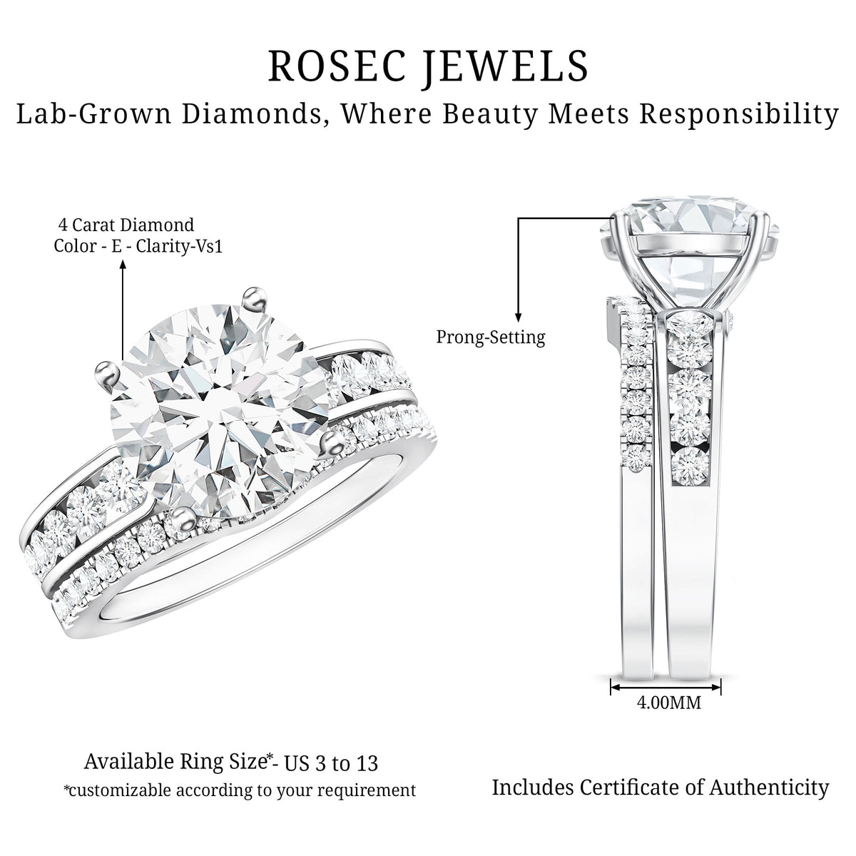 Rosec Jewels-IGI Verified 4 Carat Lab Grown Diamond Engagement Ring with Enhancer