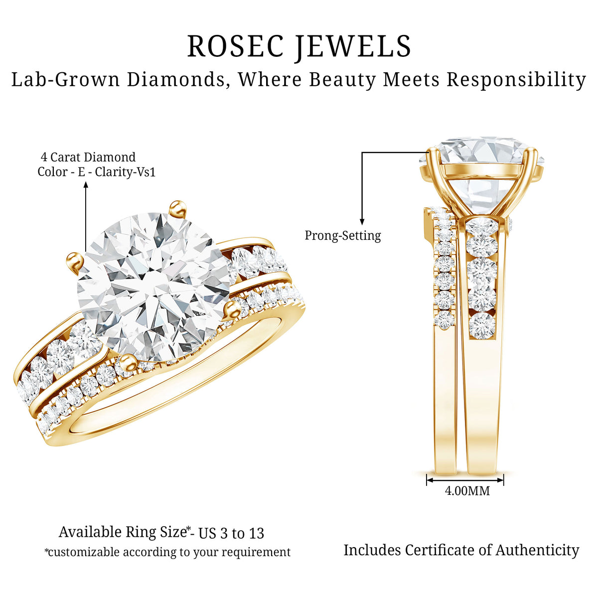 Rosec Jewels-IGI Verified 4 Carat Lab Grown Diamond Engagement Ring with Enhancer