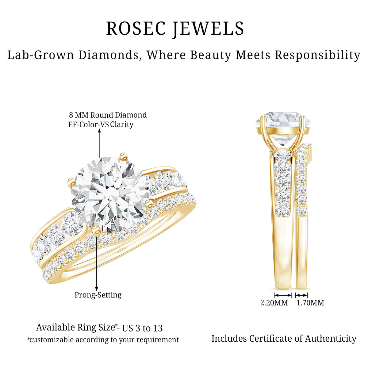 Rosec Jewels-2 Carat Lab Grown Diamond Wedding Engagement Ring Set IGI Certified