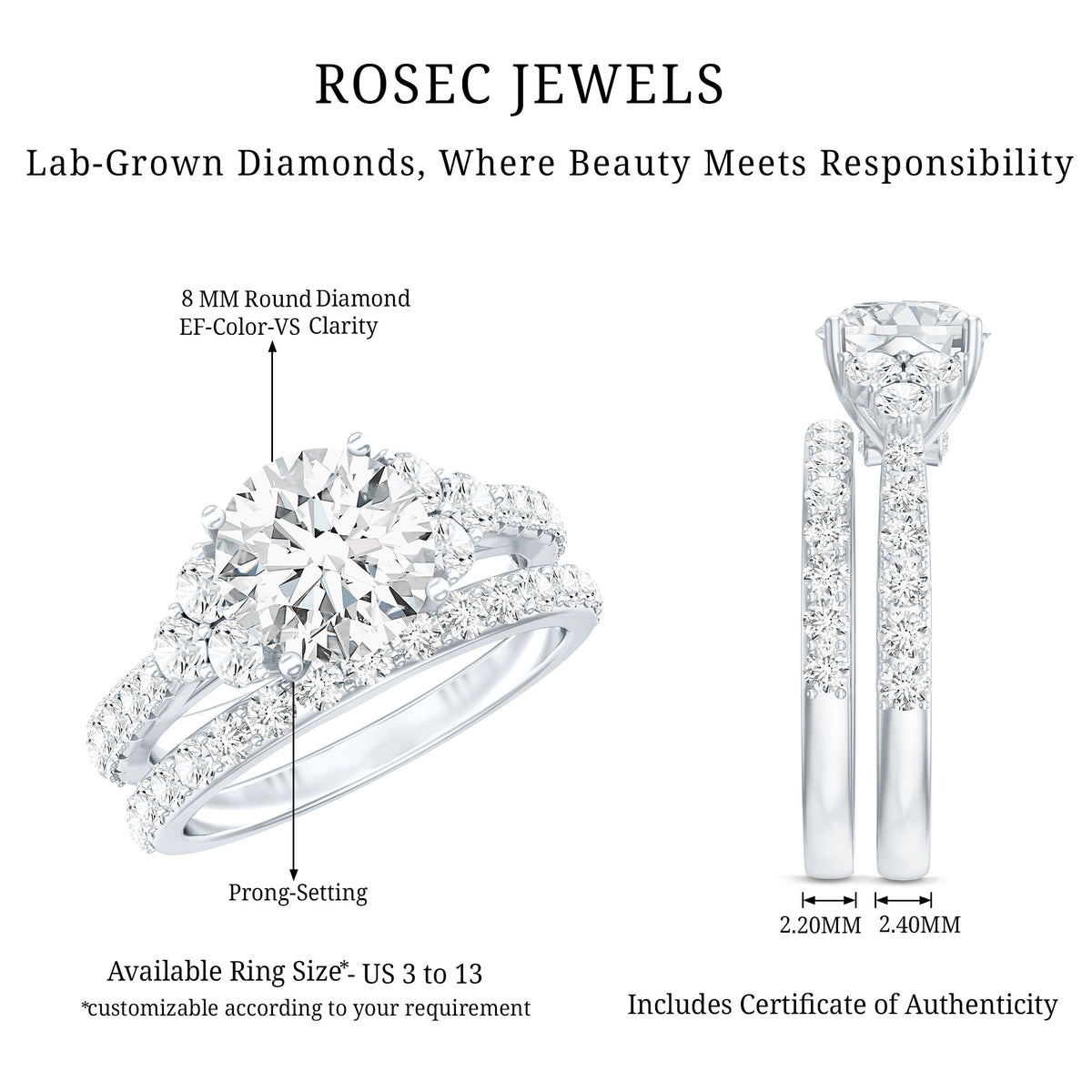 Rosec Jewels-IGI Certified Lab Grown 2 Carat Diamond Engagement Ring and Wedding Band Set