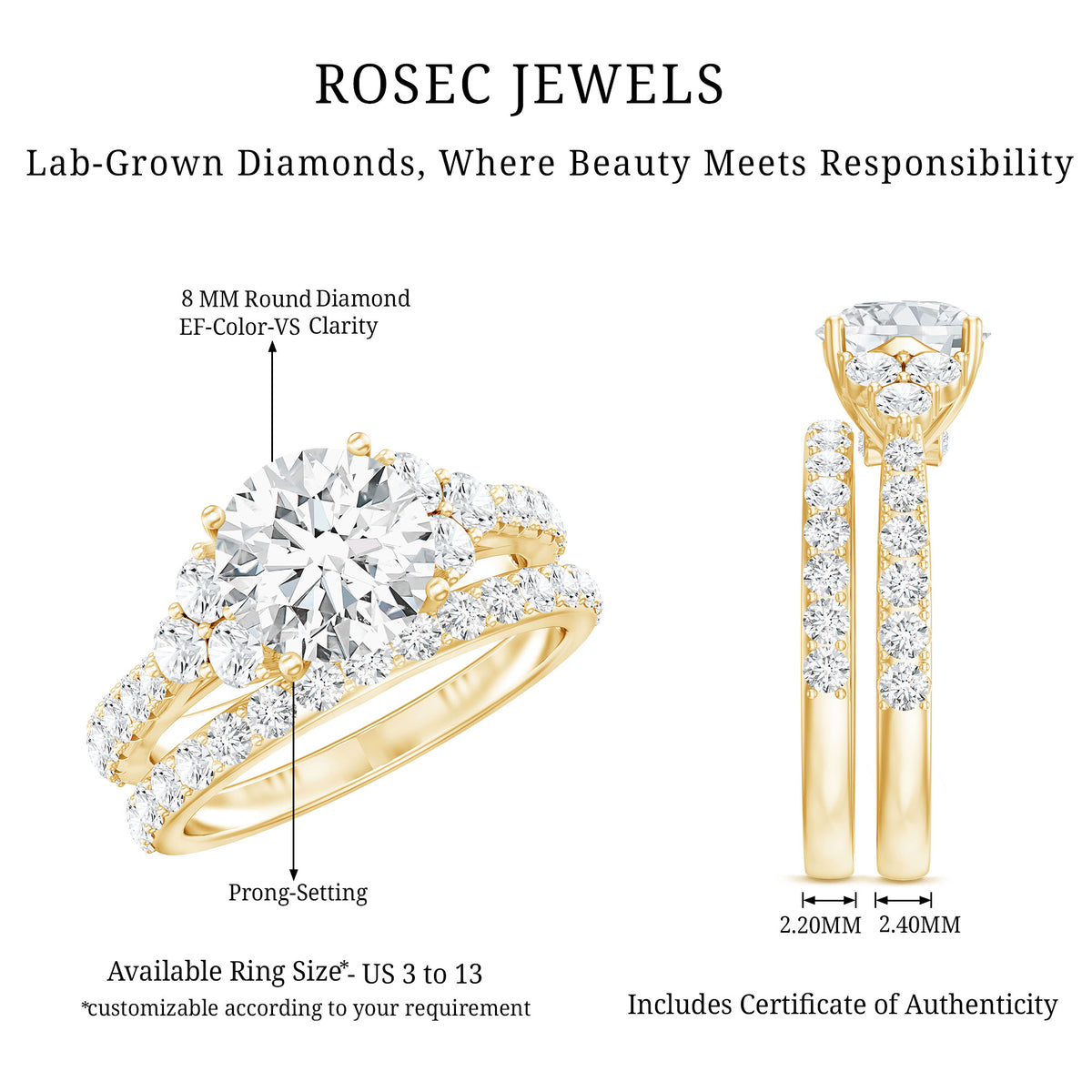 Rosec Jewels-IGI Certified Lab Grown 2 Carat Diamond Engagement Ring and Wedding Band Set