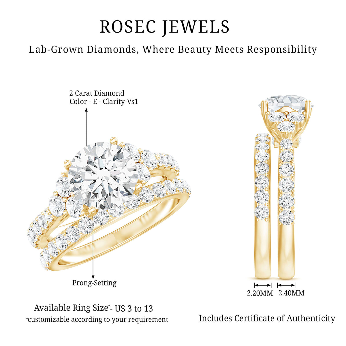 IGI Certified Lab Grown 2 Carat Diamond Engagement Ring and Wedding Band Set Lab - ( E-VS1 ) - Rosec Jewels