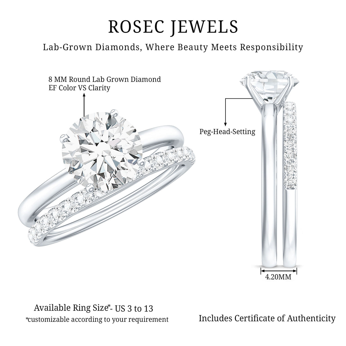 Rosec Jewels-IGI Graded 2 Carat Lab Grown Diamond Solitaire Wedding Ring Set