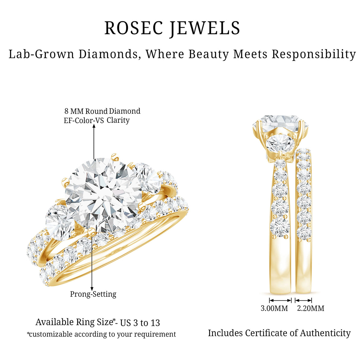 Rosec Jewels-IGI Graded 2 Carat Lab Grown Diamond Three Stone Engagement Ring with Enhancer