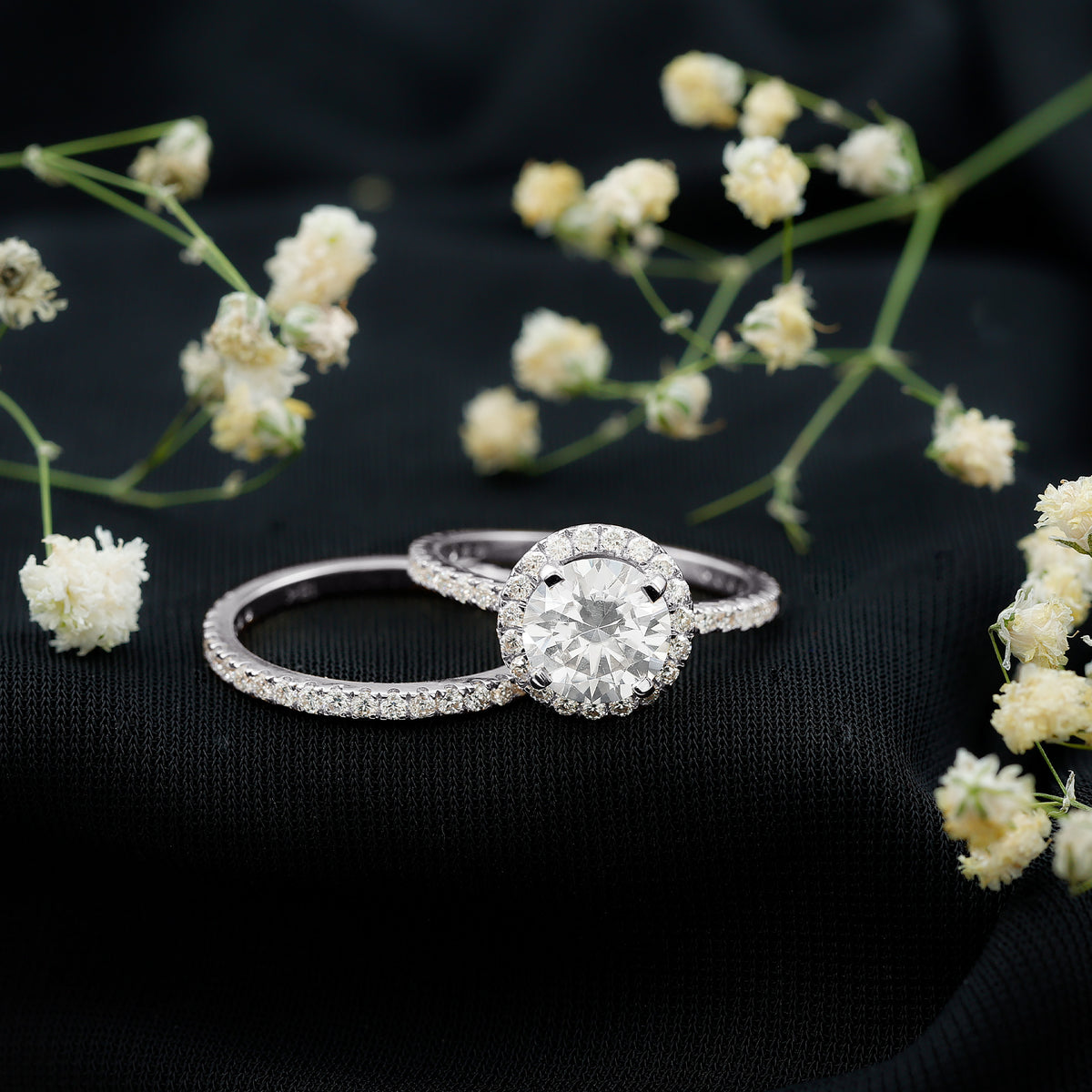 Rosec Jewels-Lab Grown 2 Carat Diamond Halo Bridal Ring Set with IGI Certificate