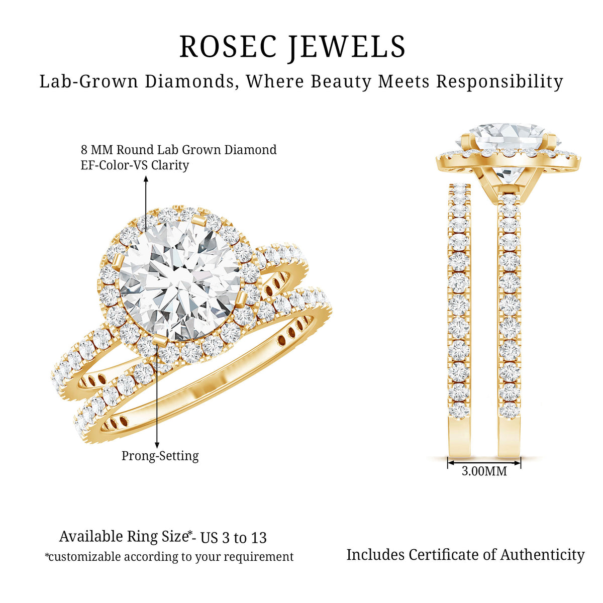 Rosec Jewels-Lab Grown 2 Carat Diamond Halo Bridal Ring Set with IGI Certificate