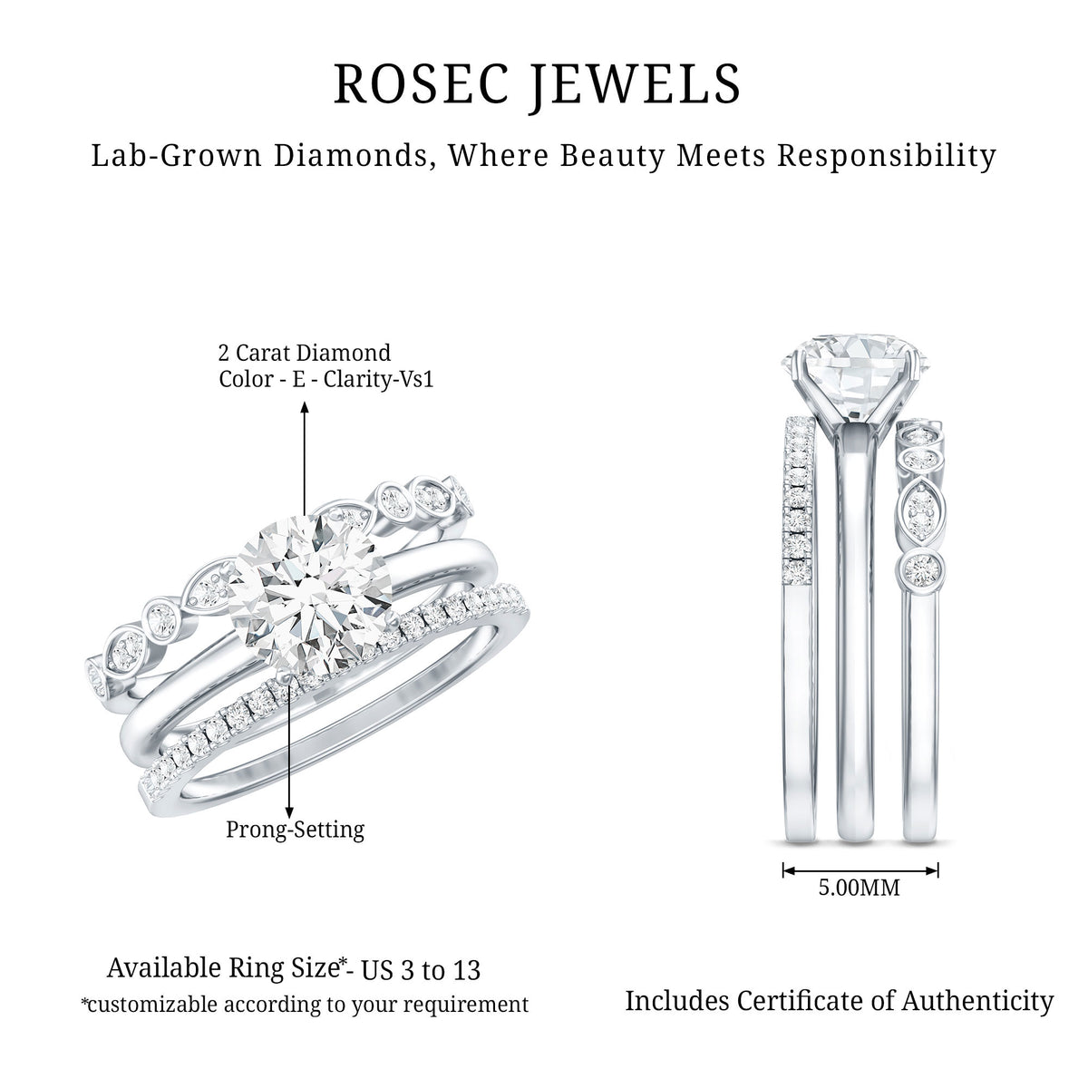 IGI Documented 2 Carat Lab Grown Diamond Trio Bridal Ring Set for Women Lab - ( E-VS1 ) - Rosec Jewels