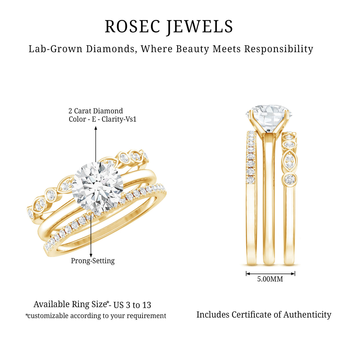 IGI Documented 2 Carat Lab Grown Diamond Trio Bridal Ring Set for Women Lab - ( E-VS1 ) - Rosec Jewels