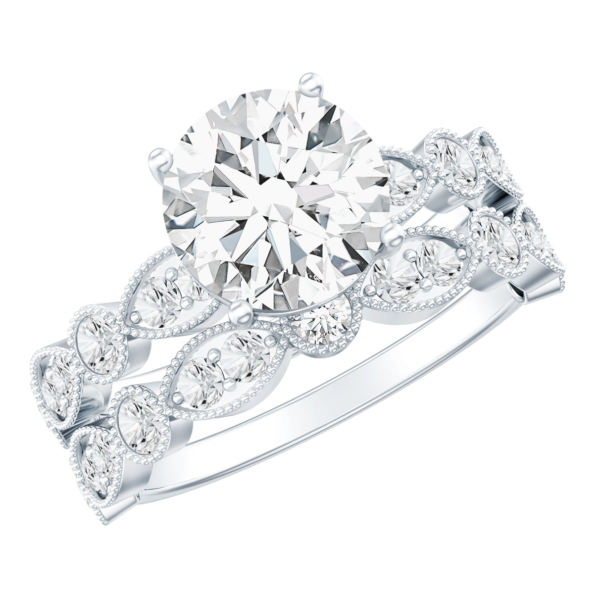 Vintage Inspired 2 Carat Lab Grown Diamond Bridal Ring Set with IGI Certificate Lab - ( E-VS1 ) - Rosec Jewels