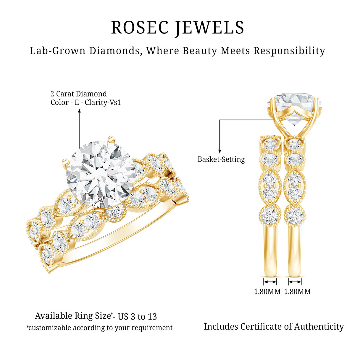 Vintage Inspired 2 Carat Lab Grown Diamond Bridal Ring Set with IGI Certificate Lab - ( E-VS1 ) - Rosec Jewels