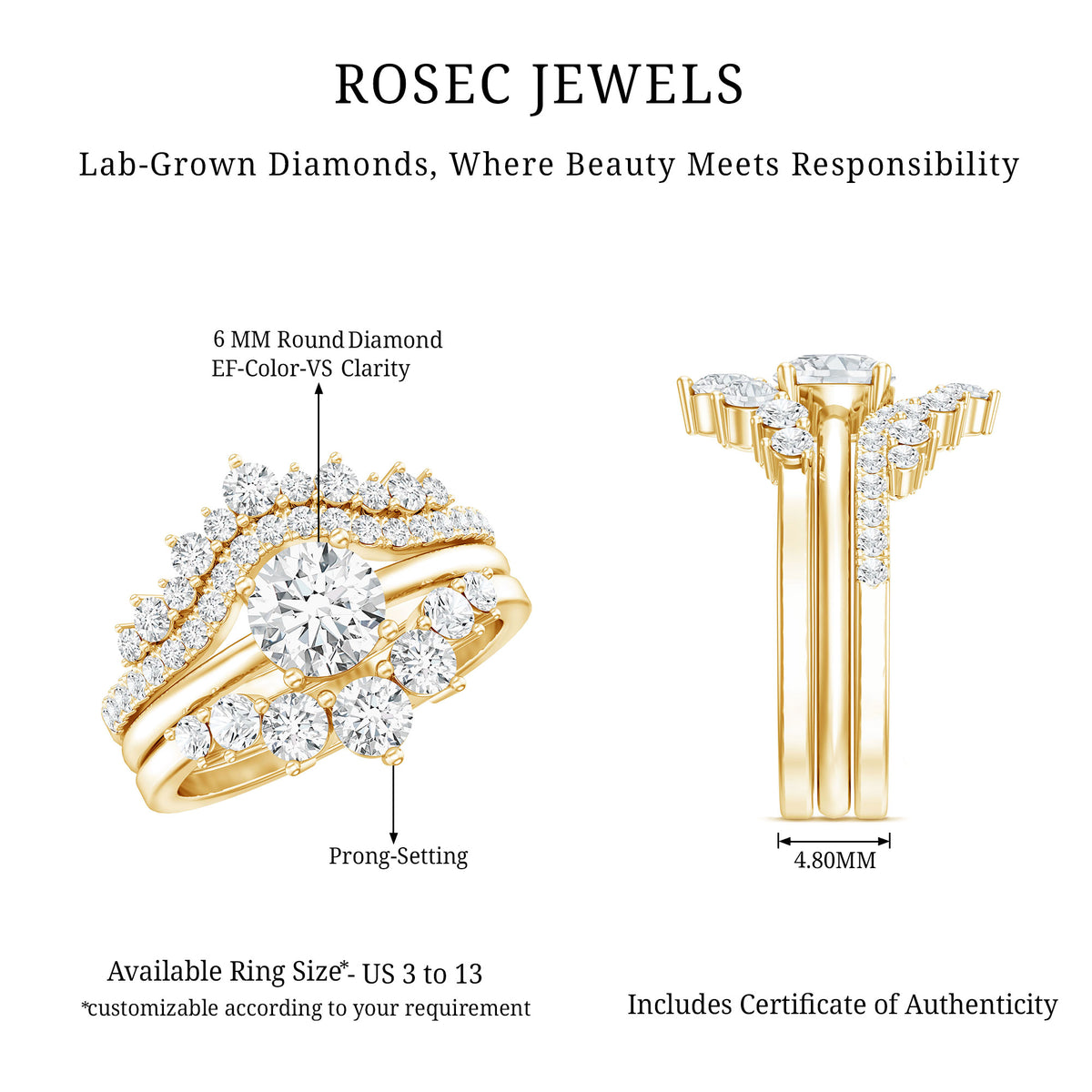 Rosec Jewels-IGI Authenticated 1 Carat Lab Diamond Antique Wedding Ring Set of 3