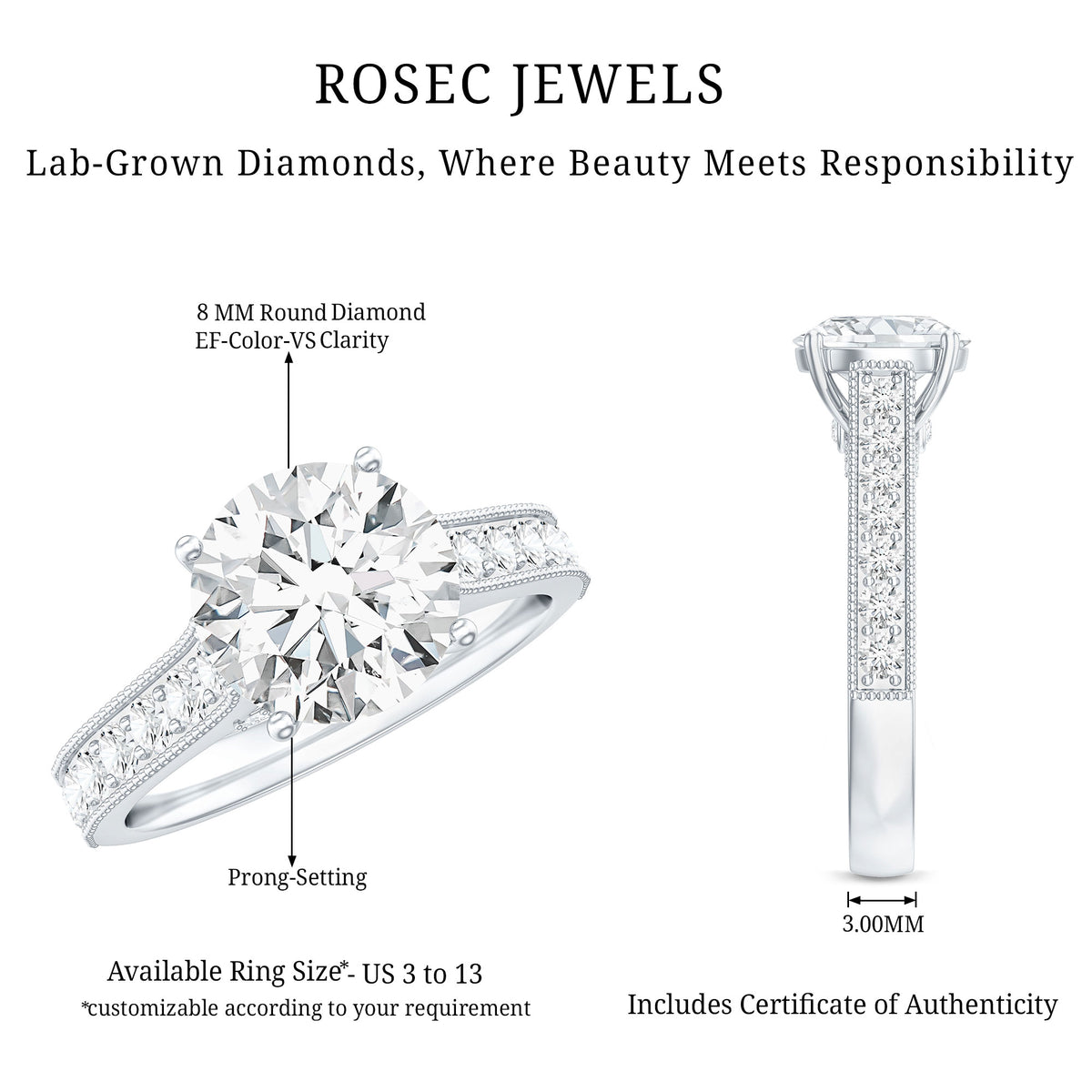Rosec Jewels-2 Carat Round Lab Grown Diamond Classic Engagement Ring with IGI Certificate
