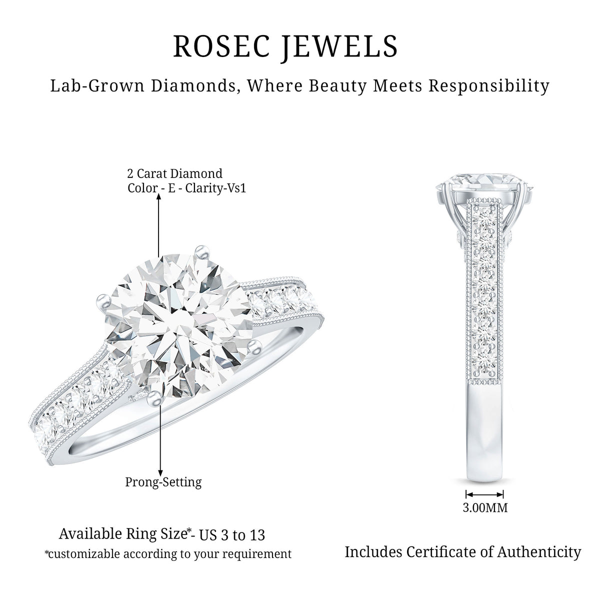 2 Carat Round Lab Grown Diamond Classic Engagement Ring with IGI Certificate Lab - ( E-VS1 ) - Rosec Jewels