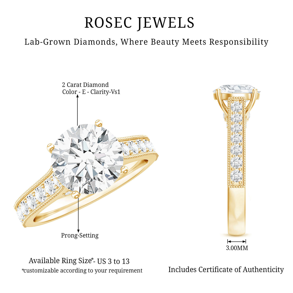 2 Carat Round Lab Grown Diamond Classic Engagement Ring with IGI Certificate Lab - ( E-VS1 ) - Rosec Jewels