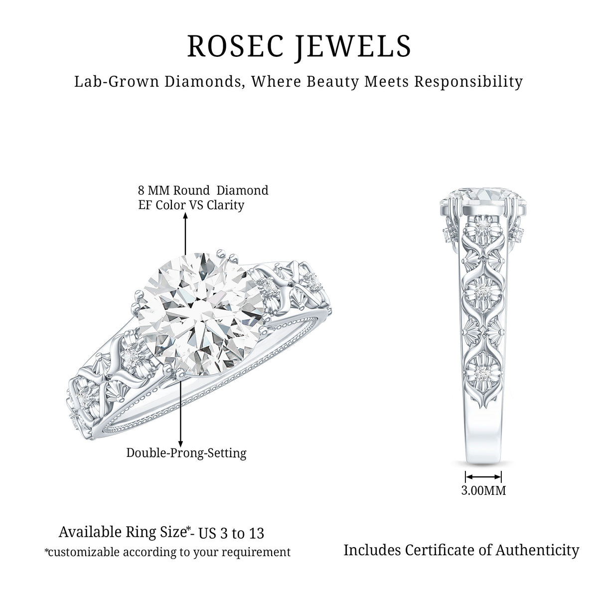 Rosec Jewels-2 Carat Lab Grown Diamond Nature Inspired Engagement Ring with IGI Certificate