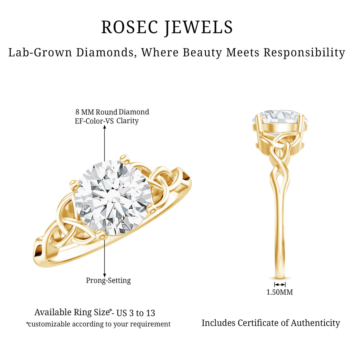 Rosec Jewels-Solitaire 2 Carat Lab Grown Diamond Celtic Engagement Ring with IGI Certificate
