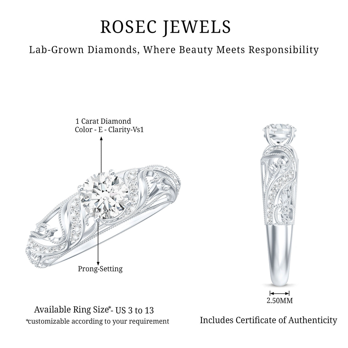 IGI Certified 1 Carat Lab Created Diamond Vintage Looking Engagement Ring Lab - ( E-VS1 ) - Rosec Jewels