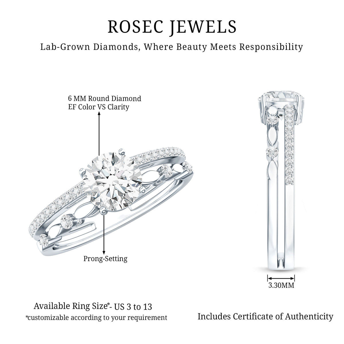 Rosec Jewels-1 Carat IGI Verified Lab Grown Diamond Double Band Engagement Ring