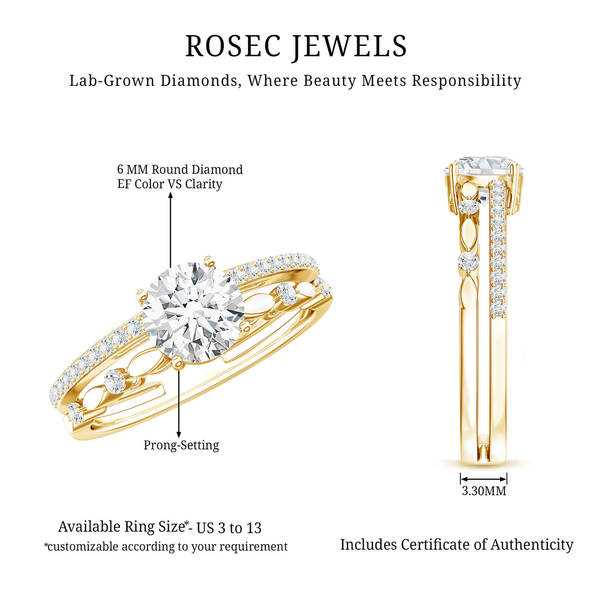 Rosec Jewels-1 Carat IGI Verified Lab Grown Diamond Double Band Engagement Ring