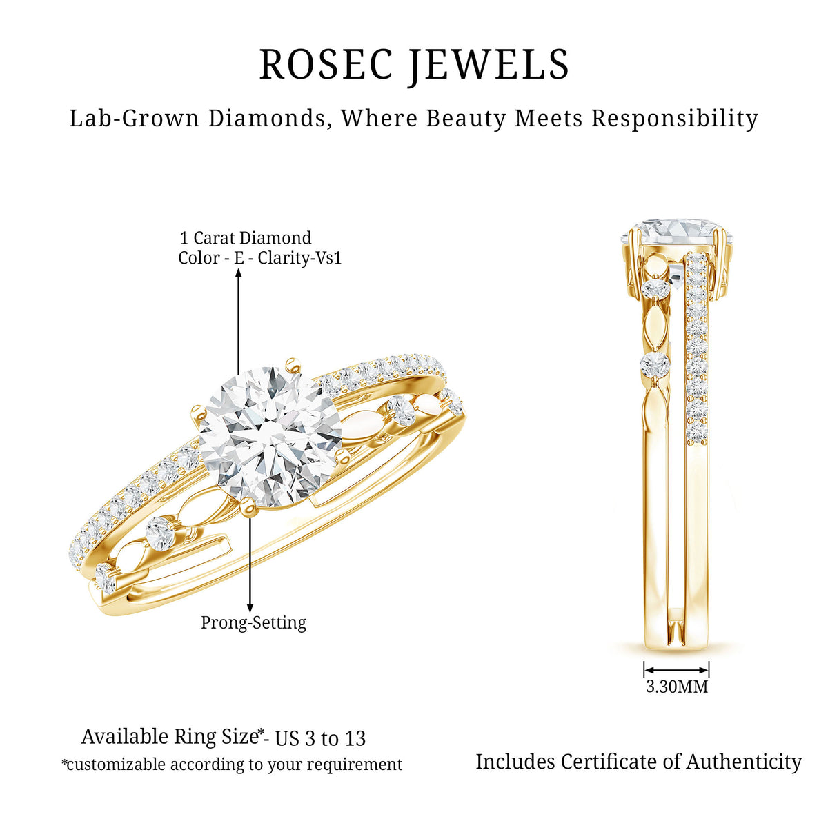 1 Carat IGI Verified Lab Grown Diamond Double Band Engagement Ring Lab - ( E-VS1 ) - Rosec Jewels