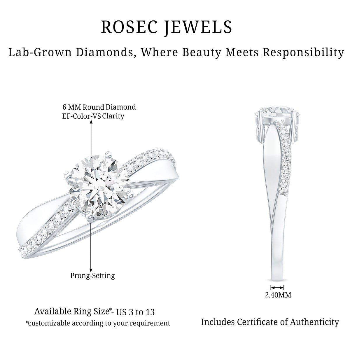Rosec Jewels-IGI Graded 1 Carat Lab Grown Diamond Solitaire Engagement Ring
