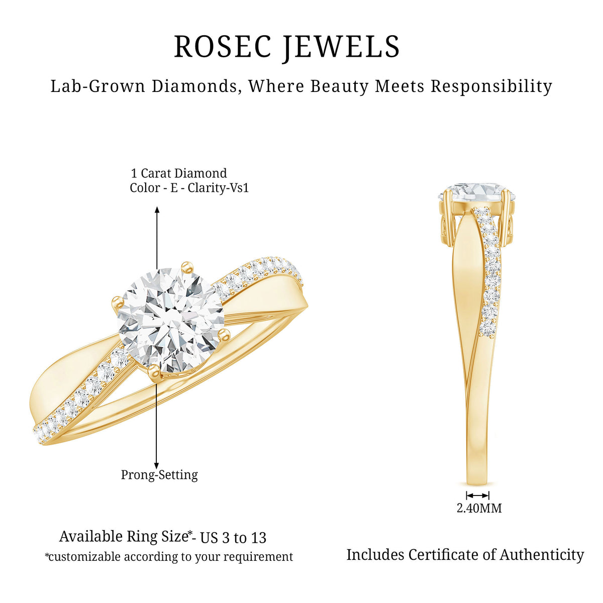 IGI Graded 1 Carat Lab Grown Diamond Solitaire Engagement Ring Lab - ( E-VS1 ) - Rosec Jewels