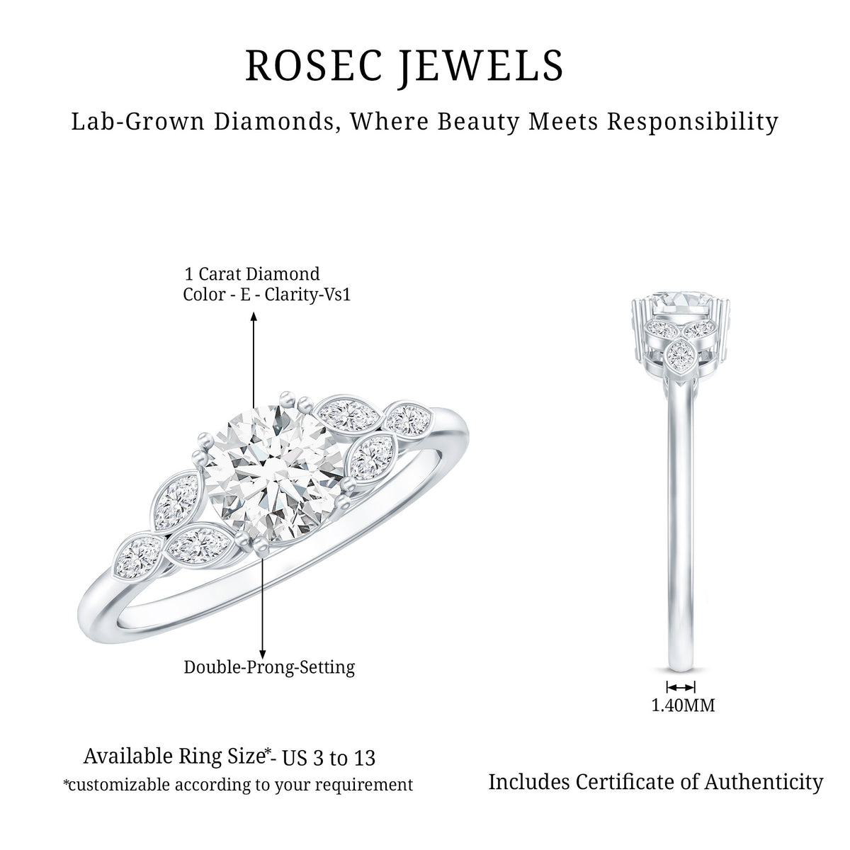 1 Carat Lab Grown Diamond Engagement Ring with IGI Certification Lab - ( E-VS1 ) - Rosec Jewels