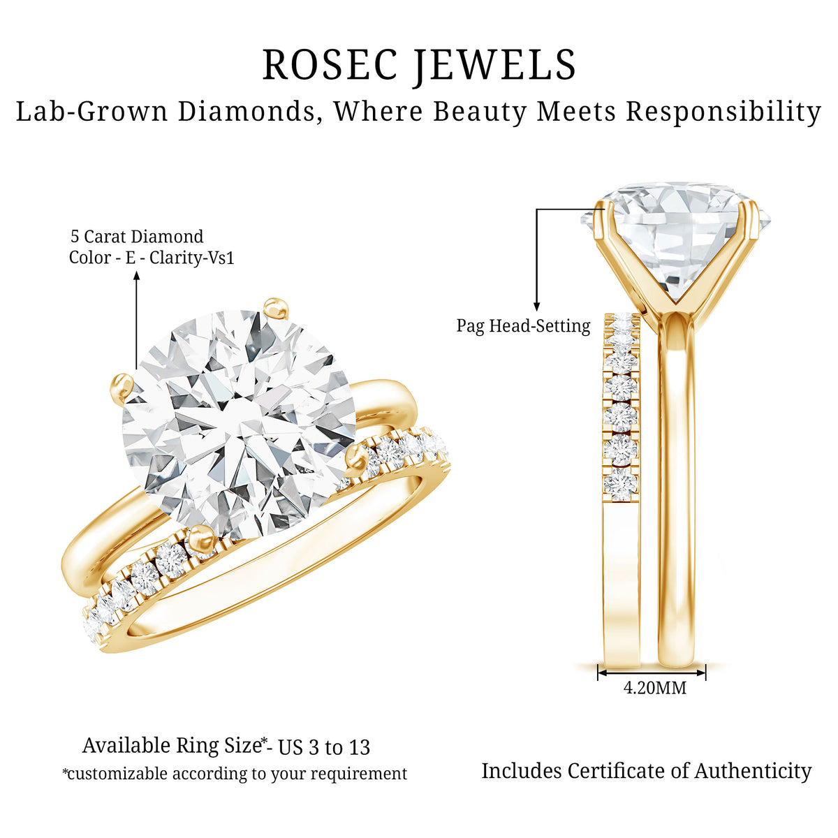 Rosec Jewels-5 Carat Solitaire Lab Grown Diamond Ring Set with IGI Certificate