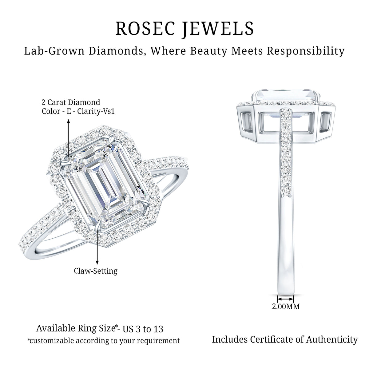 Rosec Jewels-Lab Grown 2 Carat Diamond Emerald Cut Halo Engagement Ring with IGI Certificate