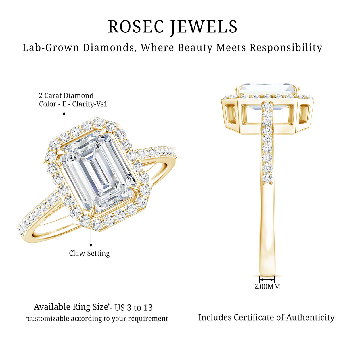 Rosec Jewels-Lab Grown 2 Carat Diamond Emerald Cut Halo Engagement Ring with IGI Certificate