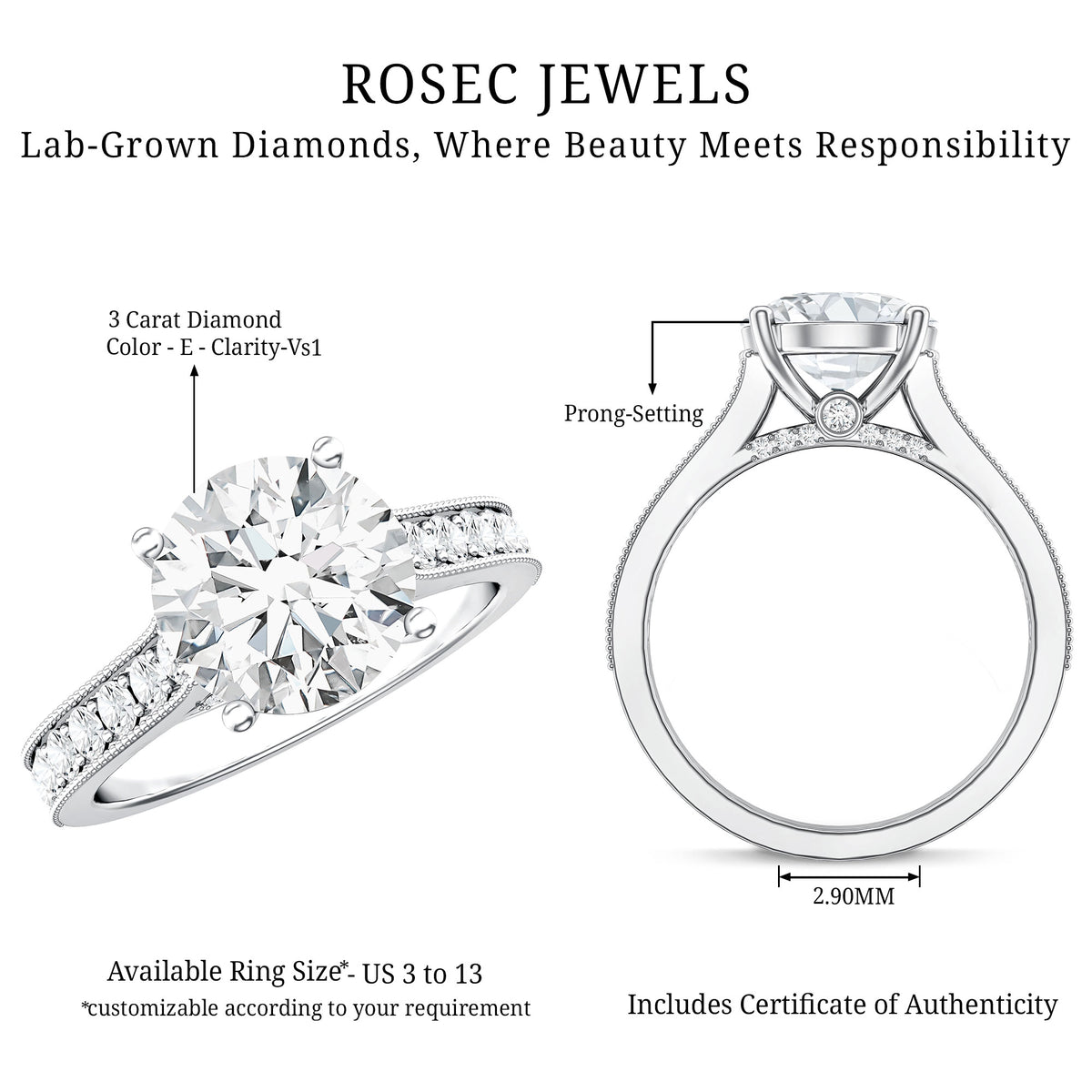 Rosec Jewels-IGI Documented Solitaire Lab Grown Diamond 3 Carat Engagement Ring