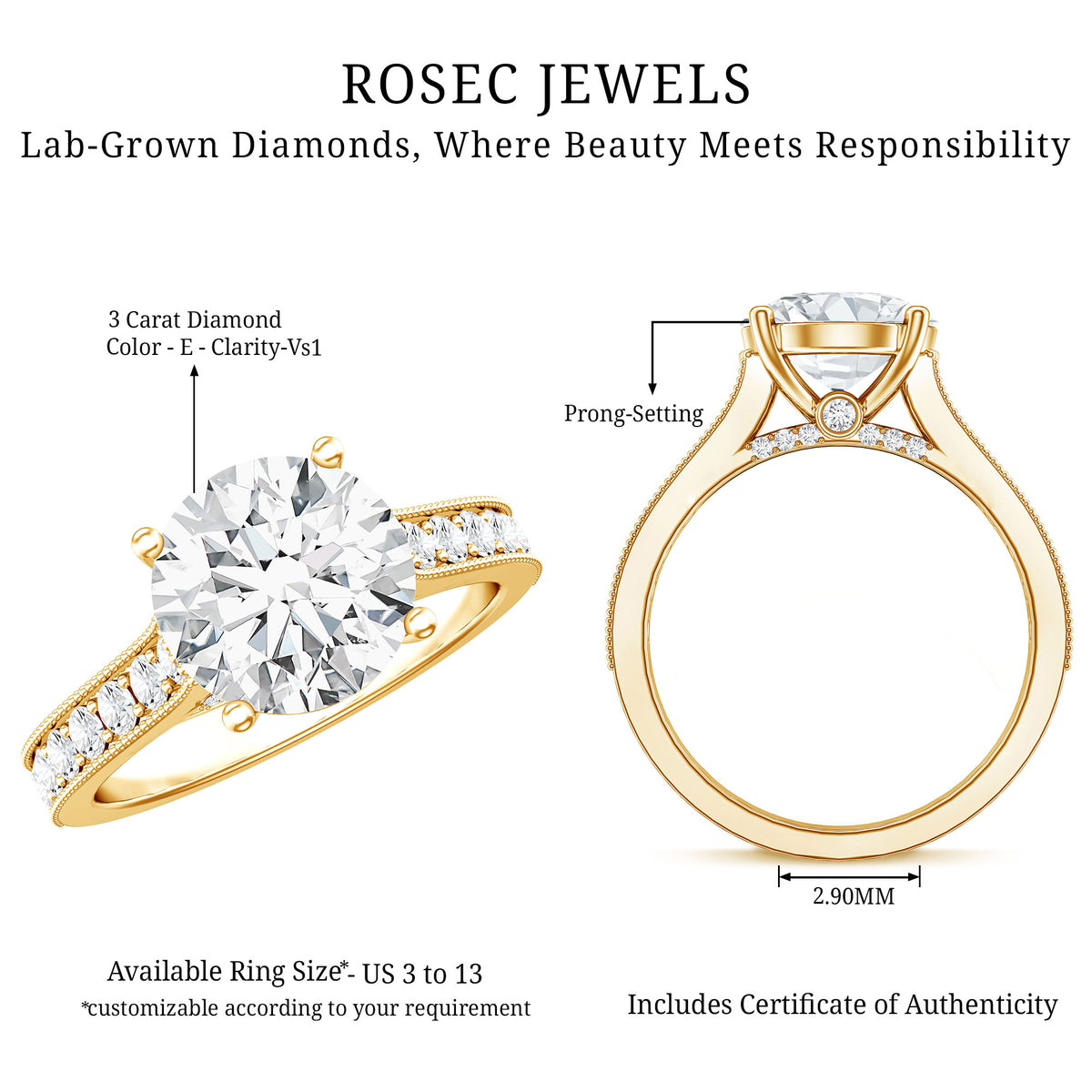 Rosec Jewels-IGI Documented Solitaire Lab Grown Diamond 3 Carat Engagement Ring
