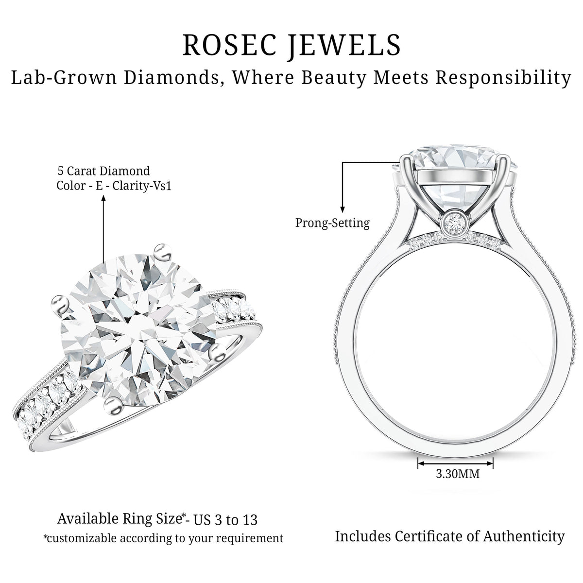 Rosec Jewels-5 Carat Lab Grown Diamond Cathedral Engagement Ring with IGI Certificate