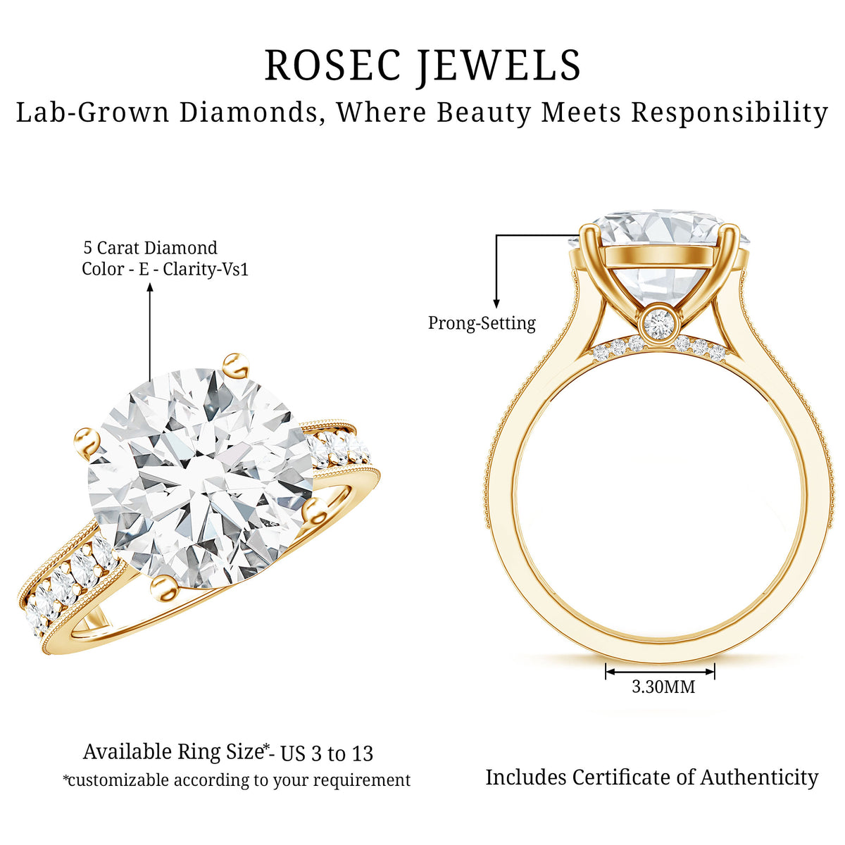 Rosec Jewels-5 Carat Lab Grown Diamond Cathedral Engagement Ring with IGI Certificate