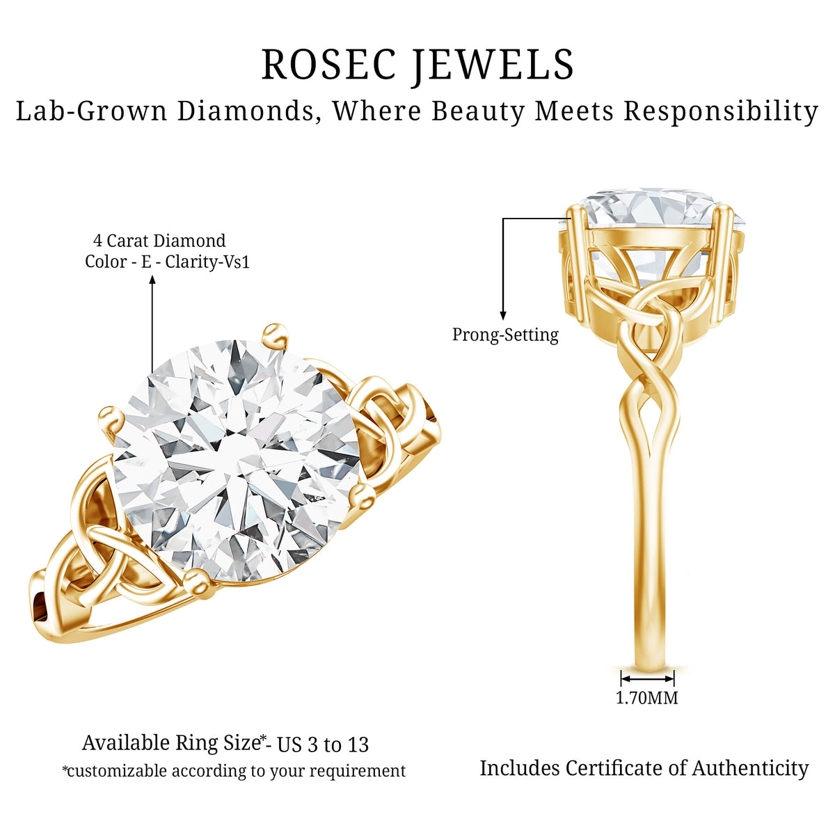 4 Carat Solitaire Lab Grown Diamond Celtic Knot Engagement Ring with IGI Certificate Lab - ( E-VS1 ) - Rosec Jewels