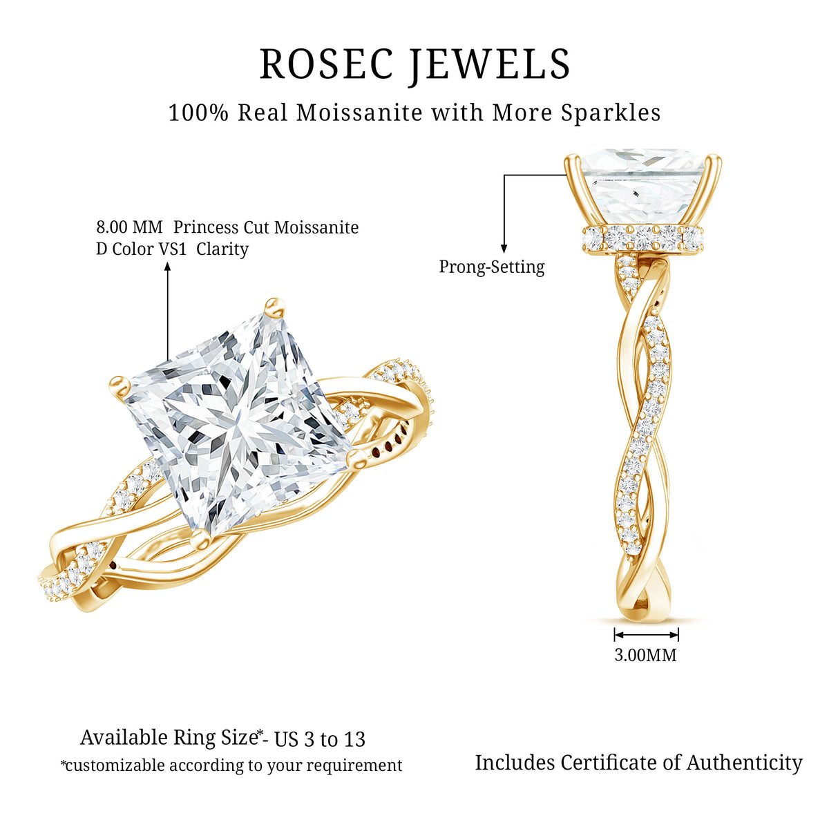 Rosec Jewels-IGI Documented 4 Carat Princess Cut Lab Diamond Crossover Engagement Ring