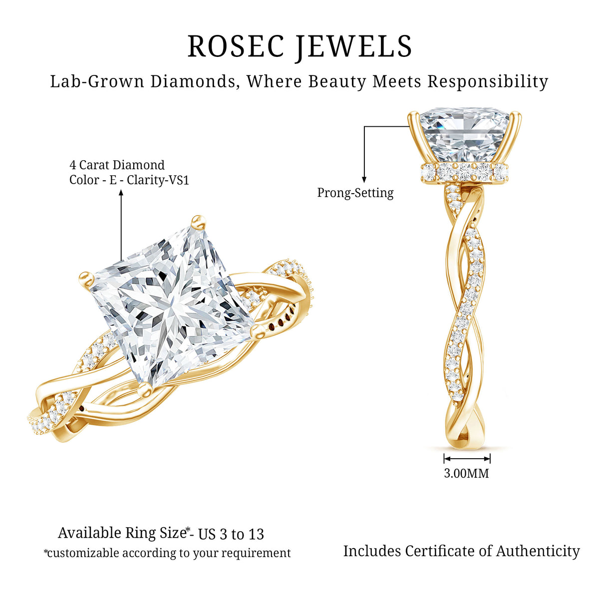 IGI Documented 4 Carat Princess Cut Lab Diamond Crossover Engagement Ring Lab - ( E-VS1 ) - Rosec Jewels