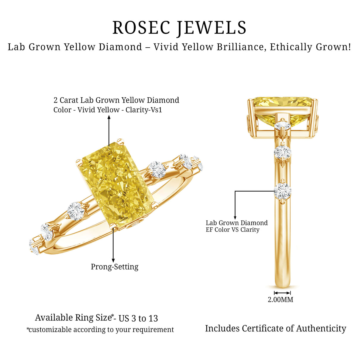 Rosec Jewels-2 Carat IGI Graded Lab Grown Yellow Radiant Cut Diamond Engagement Ring