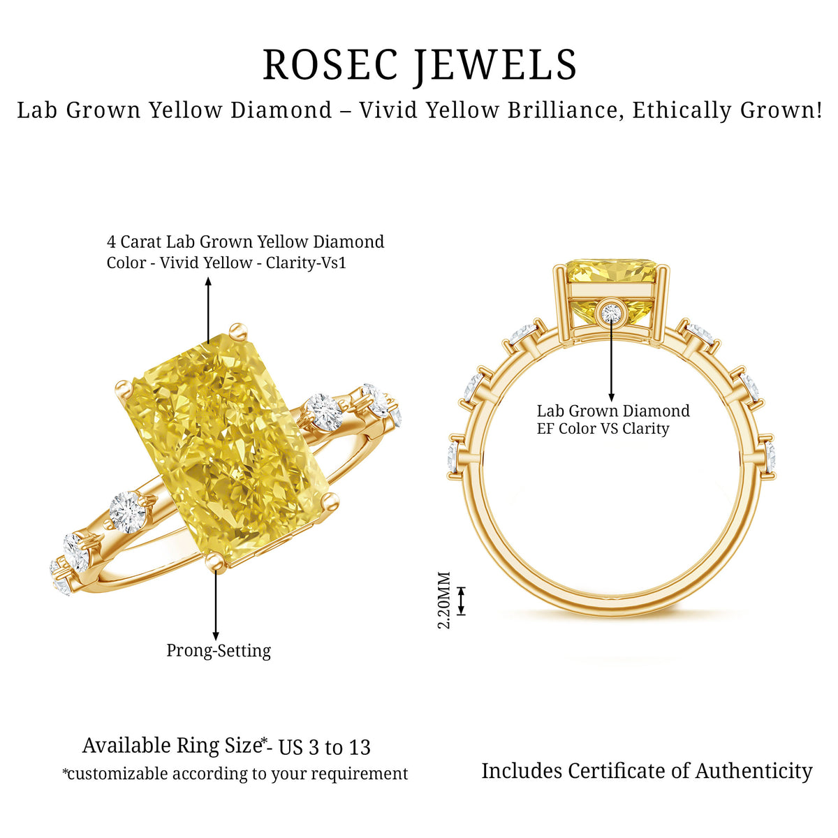 Rosec Jewels-Radiant Cut Lab Grown Yellow Diamond 4 Carat Engagement Ring IGI Certified