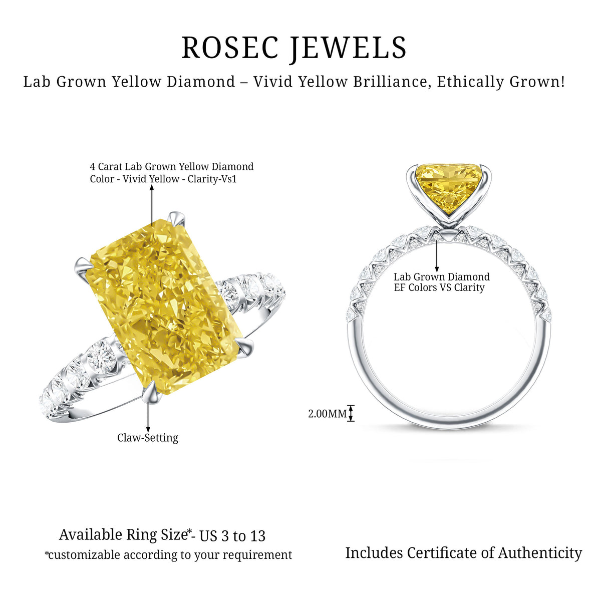 4 Carat Radiant Cut Lab Grown Yellow Diamond Engagement Ring IGI Certified Vivid Yellow - VS1 - Rosec Jewels