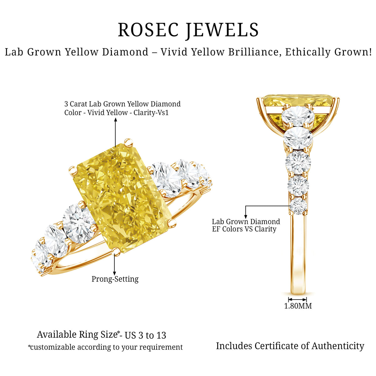 Rosec Jewels-IGI Graded 3 Carat Radiant Cut Lab Grown Yellow Diamond Engagement Ring with Side Stones