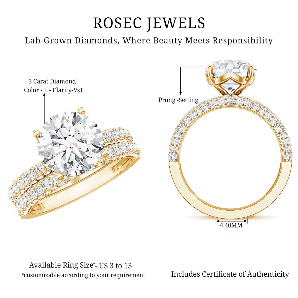 Rosec Jewels-IGI Verified Lab Grown Diamond 3 Carat Engagement Ring with Wedding Band
