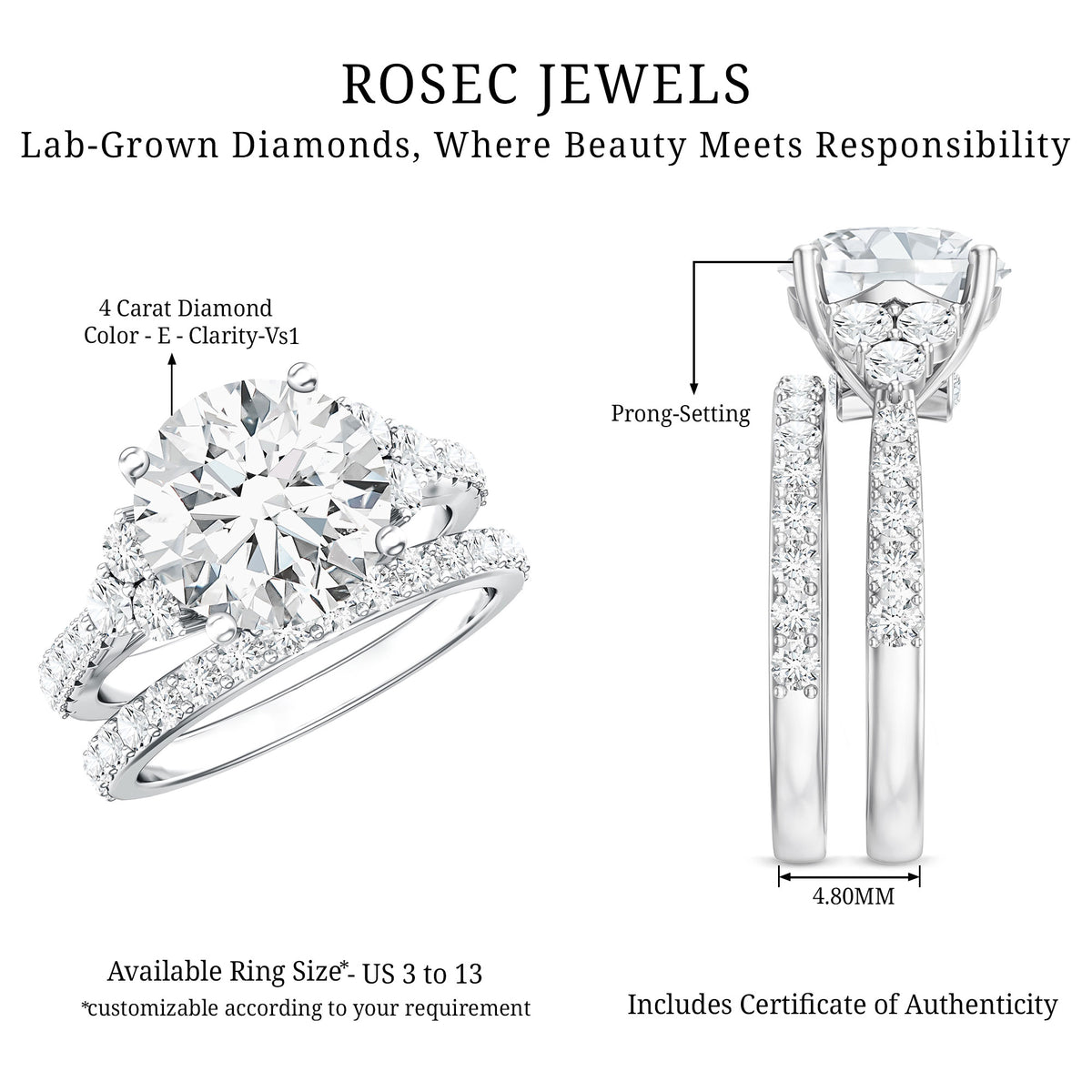 IGI Certified 4 Carat Lab Grown Diamond Engagement Ring with Enhancer Lab - ( E-VS1 ) - Rosec Jewels