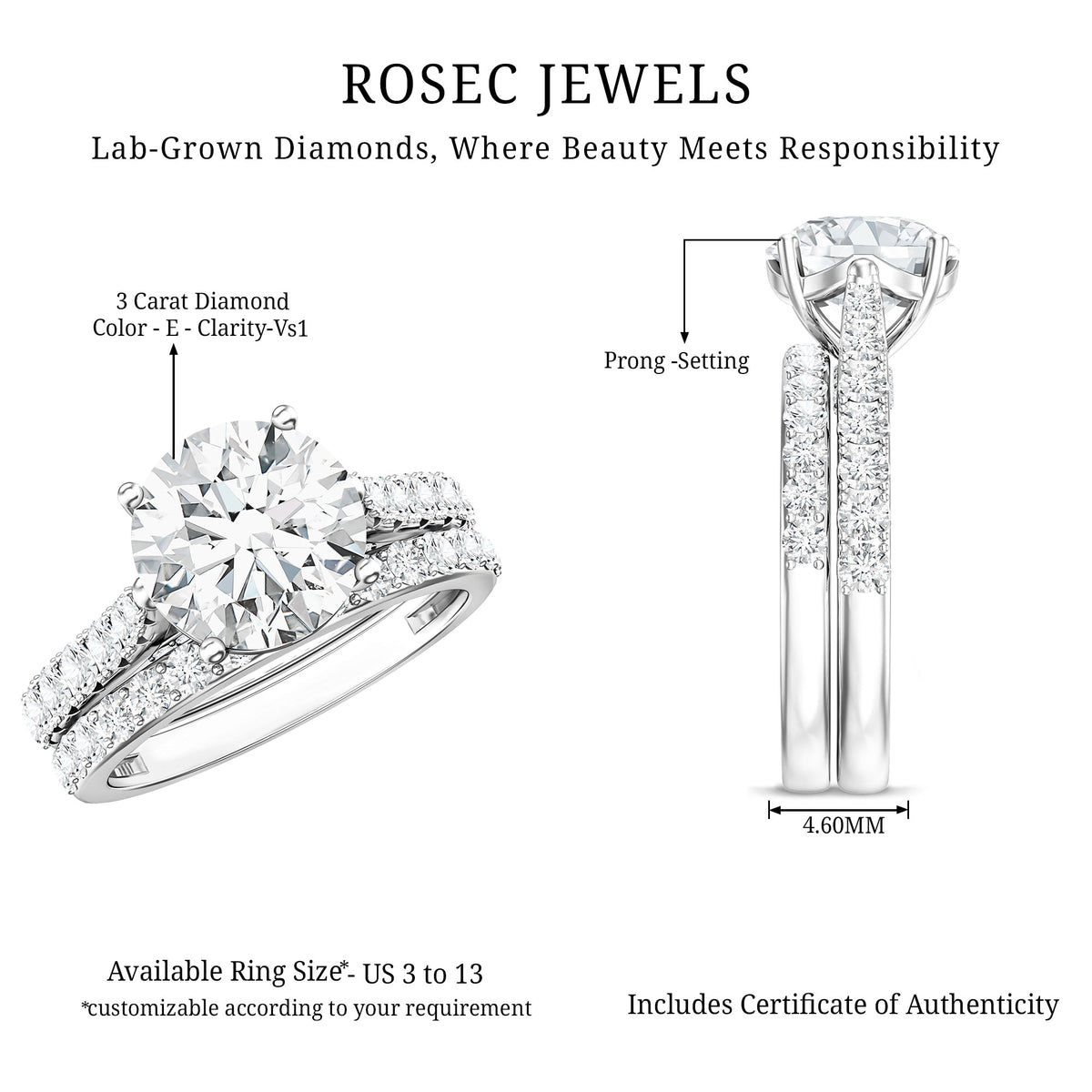 Rosec Jewels-IGI Graded 3 Carat Round Cut Lab Grown Diamond Engagement Ring with Band