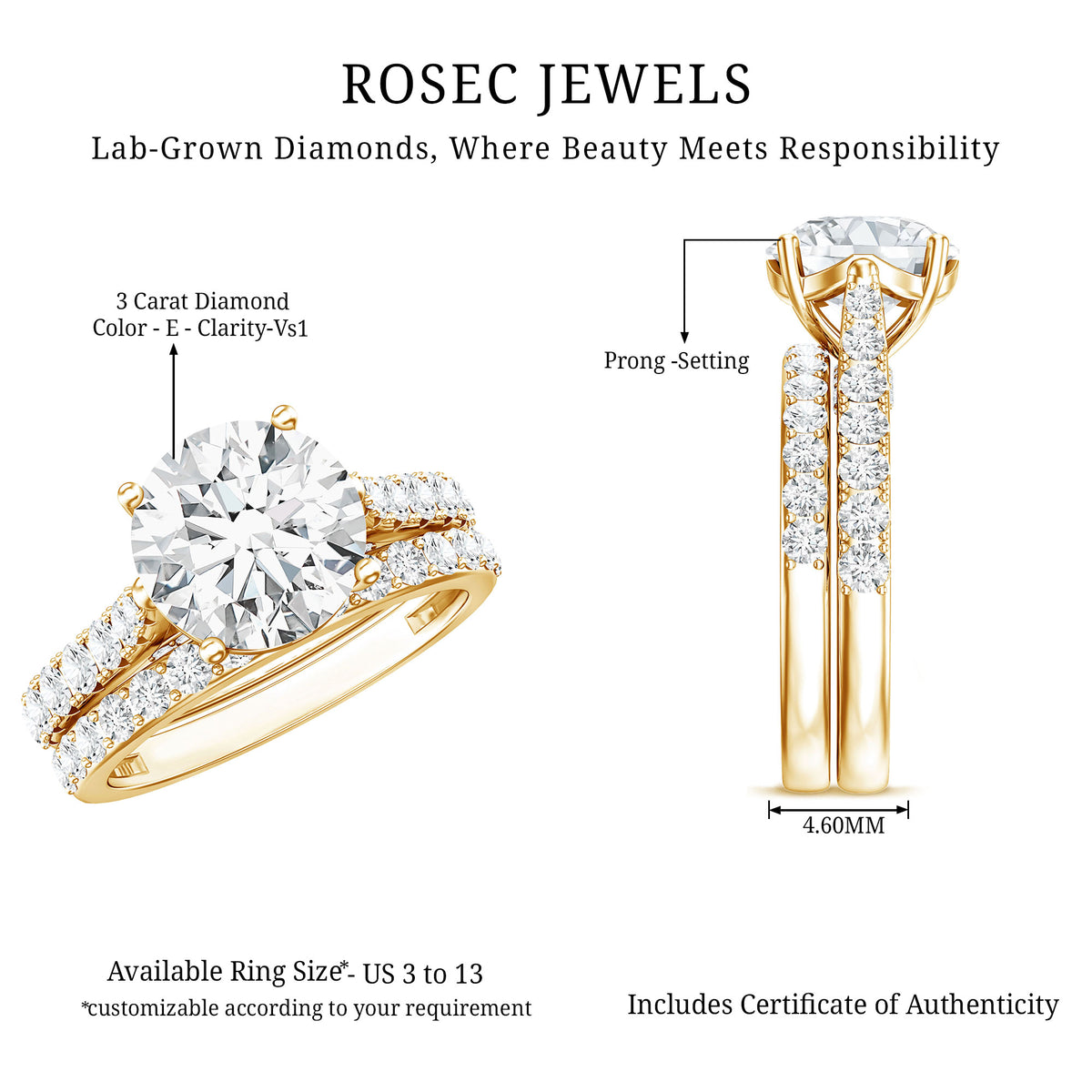 Rosec Jewels-IGI Graded 3 Carat Round Cut Lab Grown Diamond Engagement Ring with Band