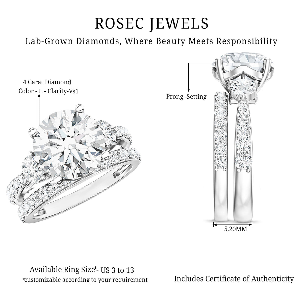Rosec Jewels-IGI Certified Lab Grown Diamond 4 Carat Engagement Ring with Ring Guard