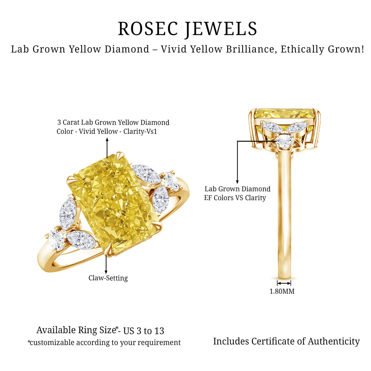 Rosec Jewels-3 Carat Radiant Cut Lab Yellow Diamond Designer Engagement Ring IGI Certified