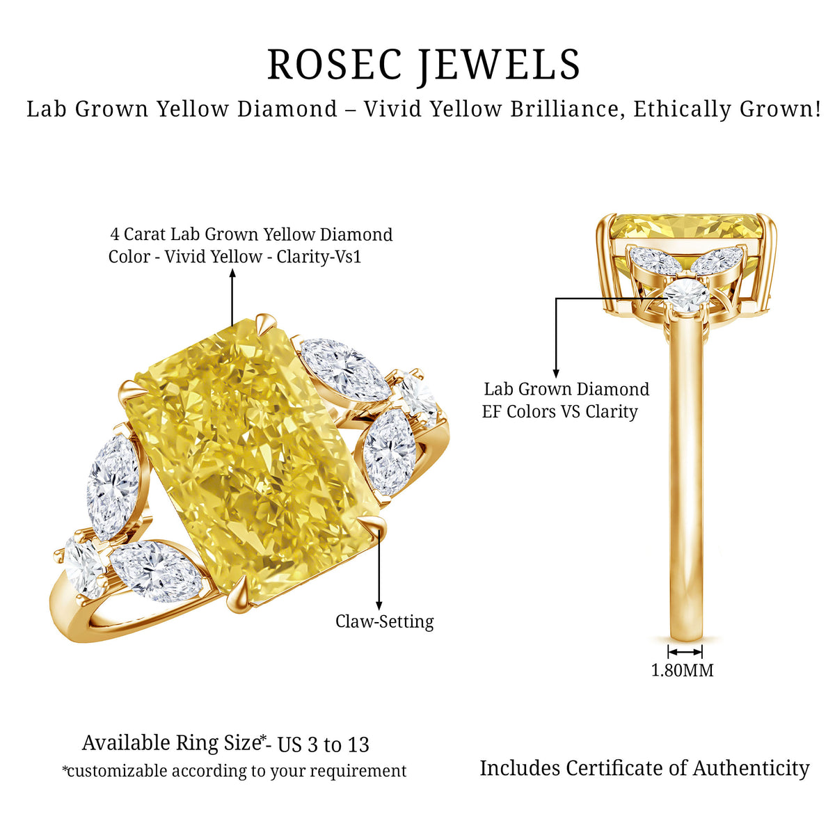 Rosec Jewels-IGI Verified Radiant Cut Lab Grown Yellow Diamond 4 Carat Engagement Ring