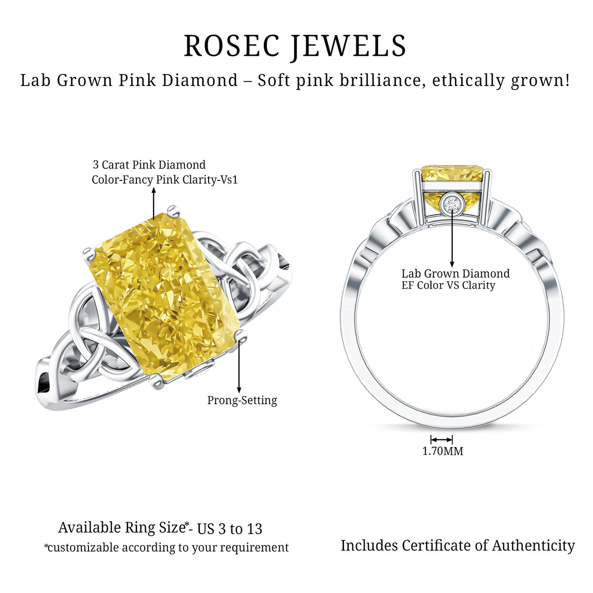 Rosec Jewels-IGI Certified Celtic Design Engagement Ring with Radiant Cut 3 Carat Lab Grown Diamond
