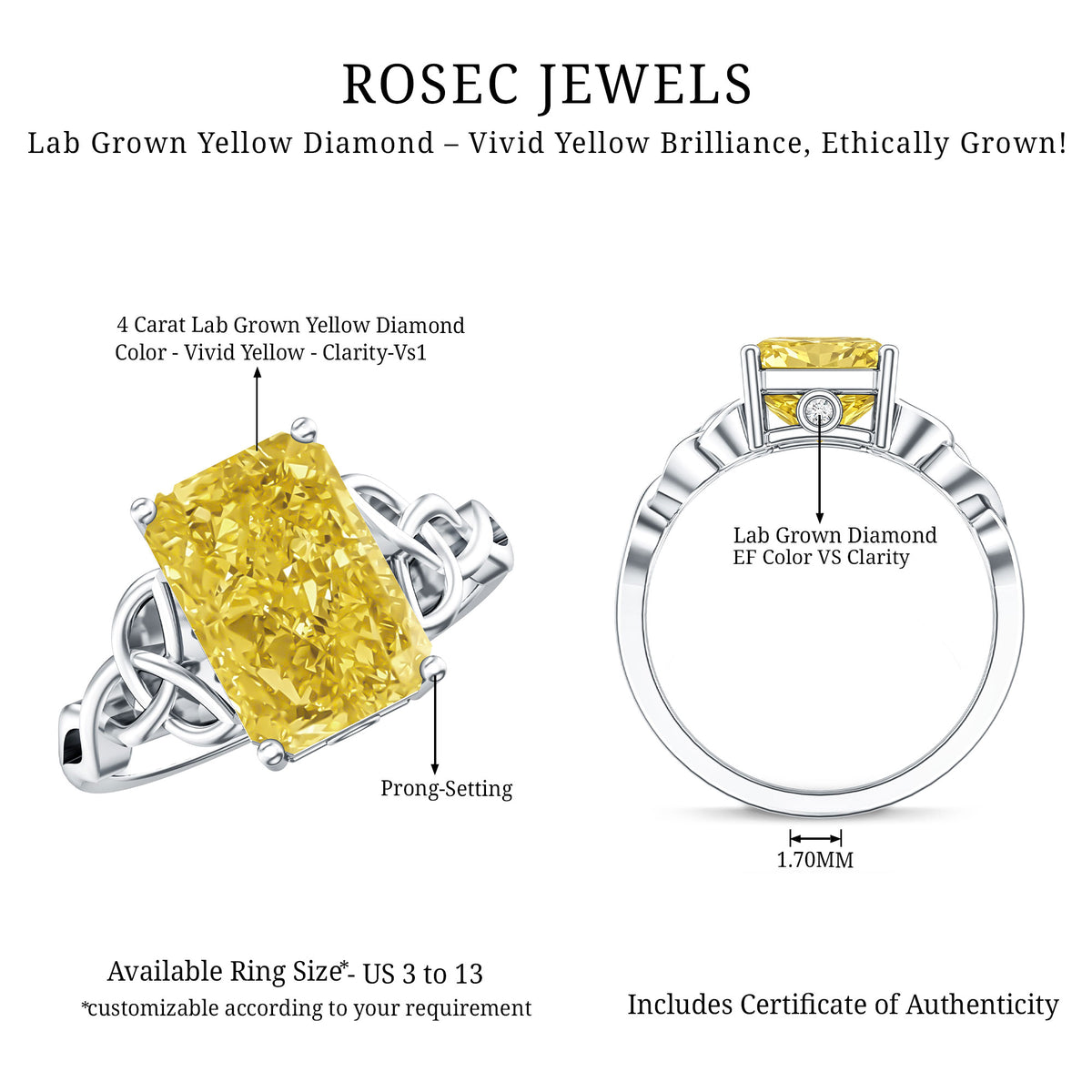 Rosec Jewels-4 Carat Radiant Cut Lab Yellow Diamond Celtic Knot Engagement Ring with IGI Certificate